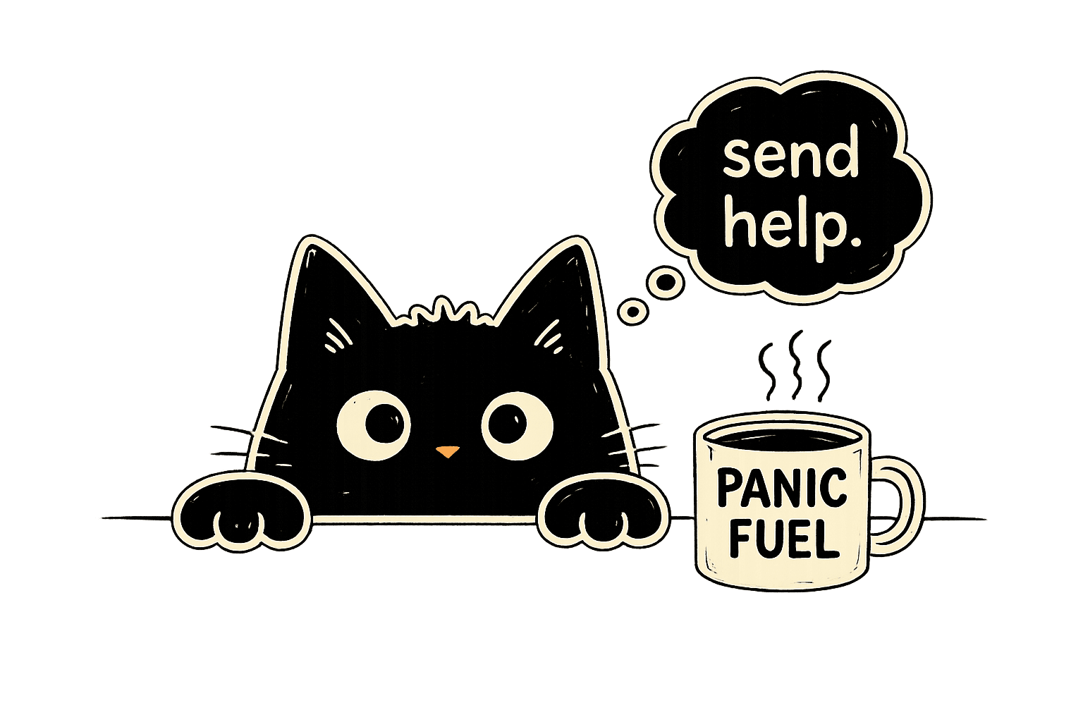 cat asking for help beside a panic fuel mug